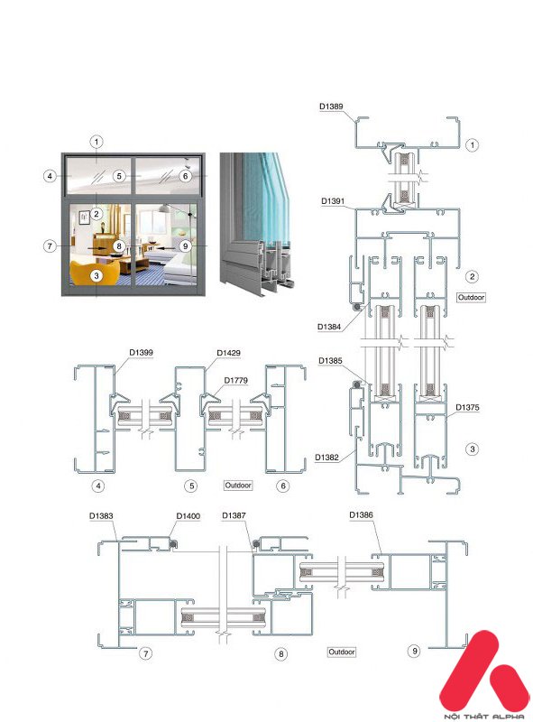 chi tiết bản vẽ kỹ thuật cấu tạo cửa nhôm kính