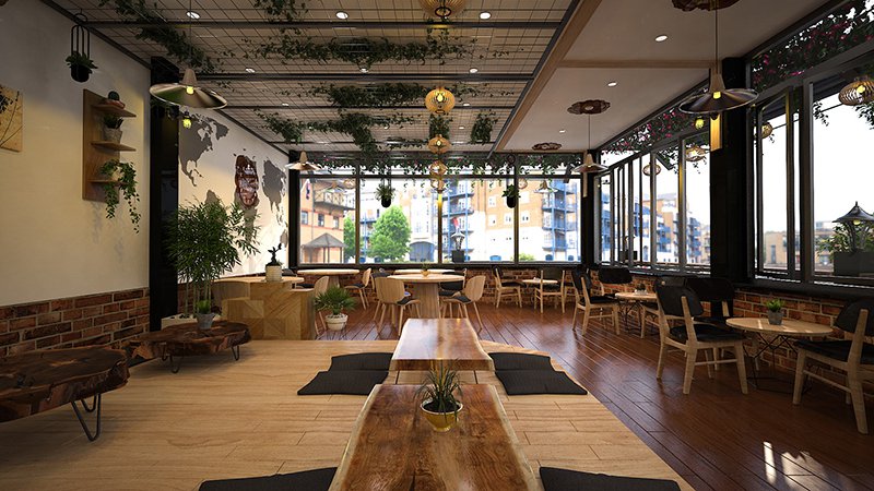 Thiết kế quán cafe mộc mạc không gian mở