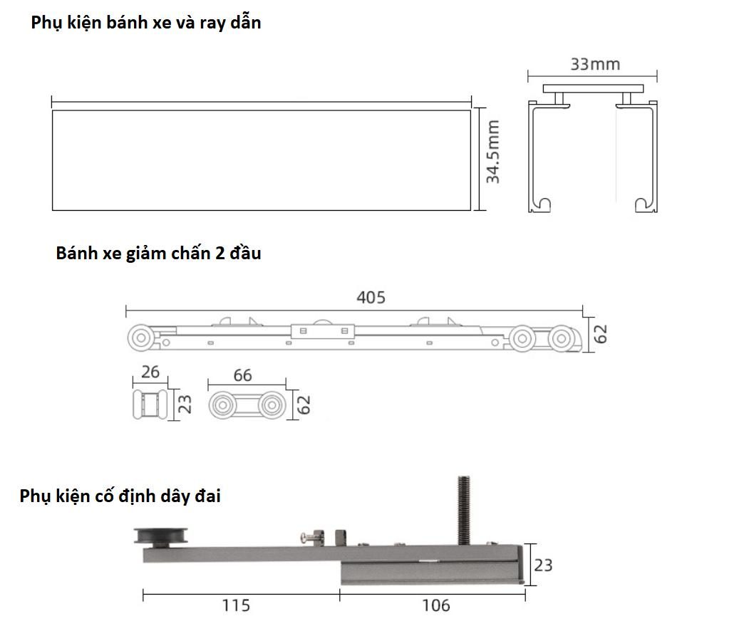 Bộ phụ kiện ray trượt cửa lùa đồng bộ 3 cánh BTC-YG212 4
