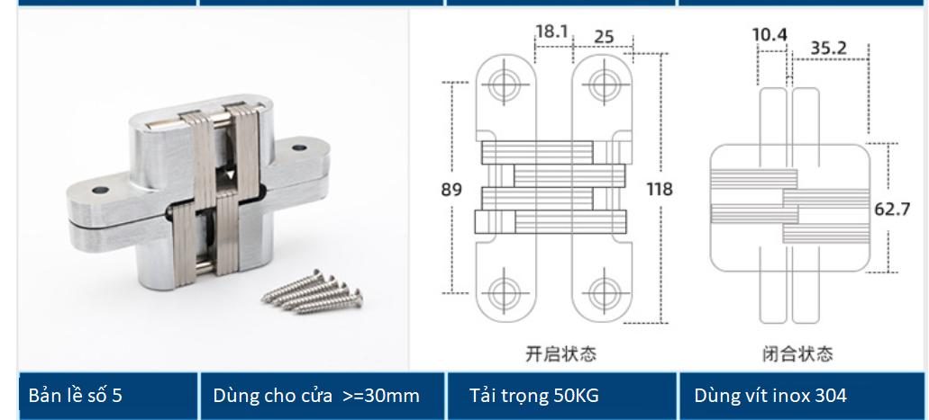 Bản lề chữ thập âm cửa bằng thép không rỉ BTC-HH7/70 9