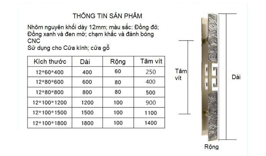 Kich thuoc Tay nắm cửa hợp kim nhôm hoa văn cổ điển 