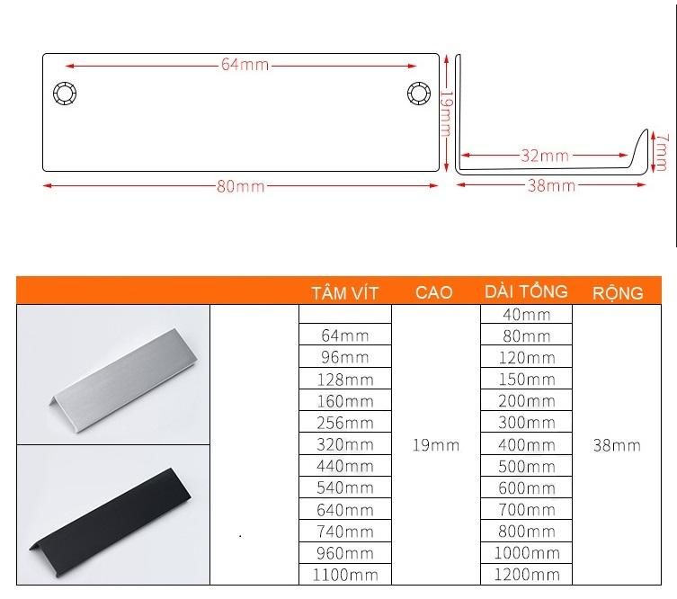 Tay nắm âm tủ hợp kim nhôm màu đen WH106 12