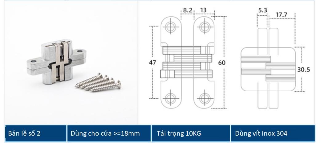 Bản lề chữ thập âm cửa bằng thép không rỉ BTC-HH7/70 6