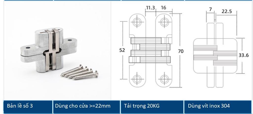 Bản lề chữ thập âm cửa bằng thép không rỉ BTC-HH7/70 7