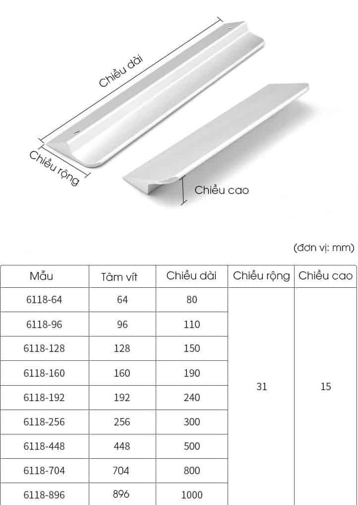 Tay nắm tủ hợp kim nhôm hiện đại màu bạc ALS6118-A 14