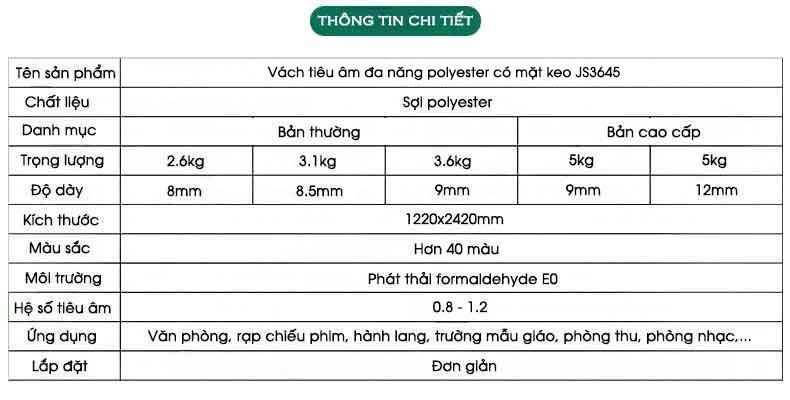 Vách tiêu âm đa năng polyester có mặt keo JS3645 22