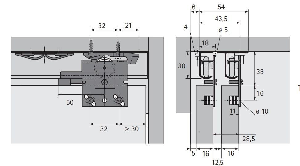 Cửa trượt Topline 27 cho 2 cánh dày 19mm Hettich TLS719-25 1